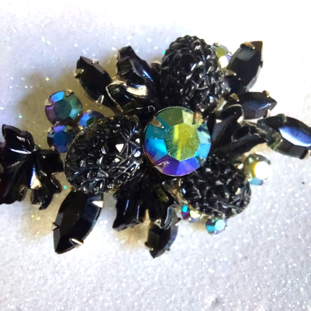 Vintage Judy Lee Black & AB Rhinestone Floral Cluster Brooch Pin, Estate Jewelry